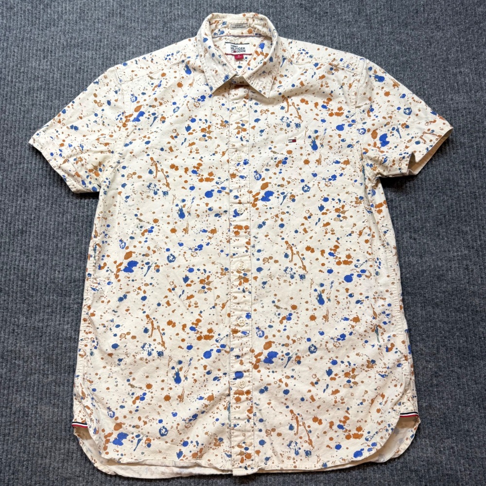 Tommy Hilfiger Denim Mens Medium Paint Splatter Short Sleeve Button Down Shirt - Picture 2 of 13